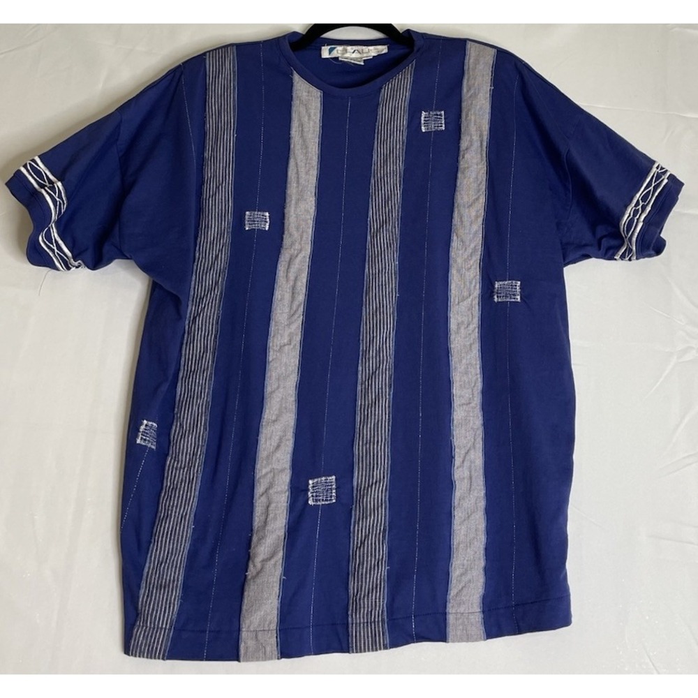 Chaus Womens L Short Sleeve Top Blue Striped Mixed Media Applique Cotton Knit